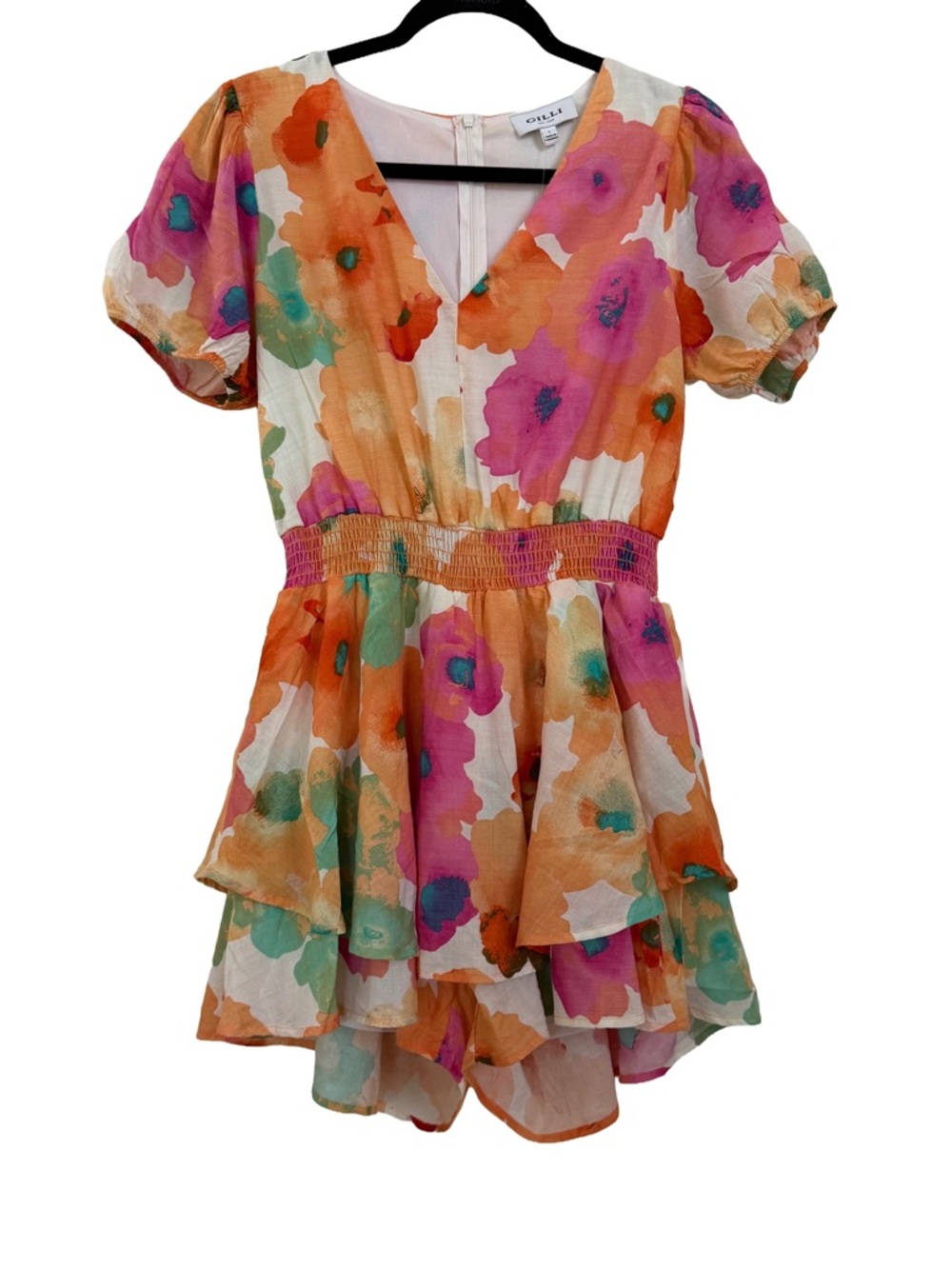 NWT GILLI Bloom Babe Vibrant Pink And Orange Floral Ruffle Tiered Romper Large